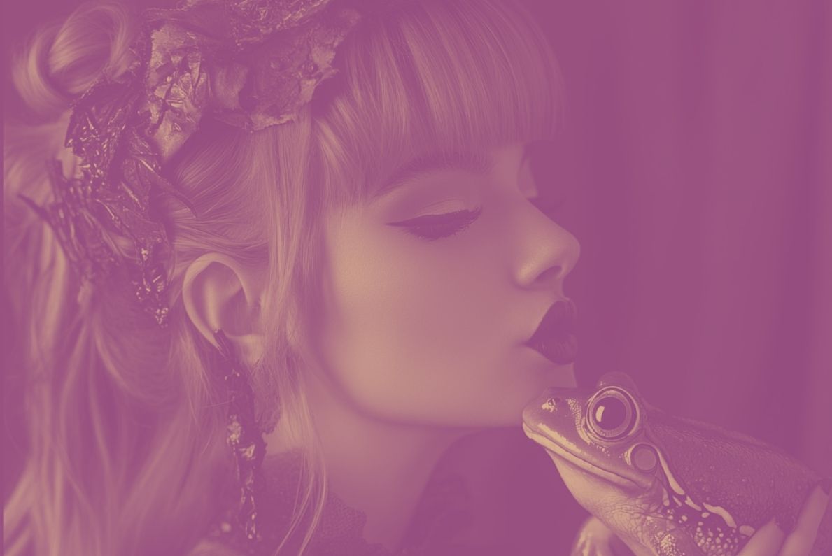 Girls kissing frog in purple